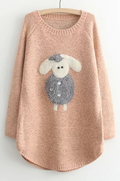 Cartoon Lovely Little Sheep Patched Round Neck Long Sleeve Tunic Sweater