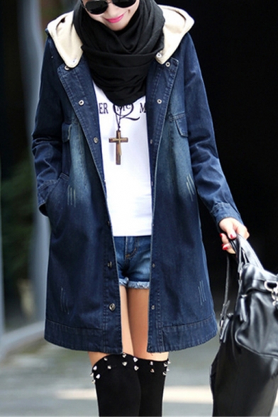 Casual Oversize Hooded Long Sleeve Buttons Down Tunic Denim Coat
