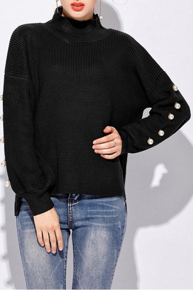 Chic Beaded Embellished Long Sleeve High Neck Simple Plain Sweater