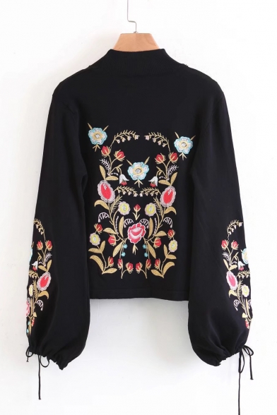 Chic Floral Embroidered Mock Neck Lantern Sleeve Pullover Sweater