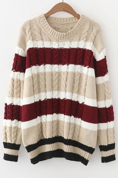 Chic Striped Color Block Long Sleeve Round Neck Pullover Sweater