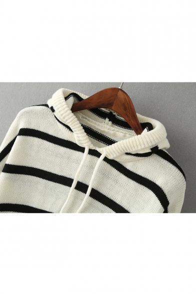 Classic Striped Pattern Dipped Hem Hooded Long Sleeve Sweater