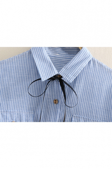 Classic Striped Pattern Lapel Collar Long Sleeve Cotton Shirt with Double Pockets