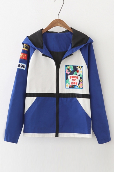 Color Block Graphic Printed Hooded Long Sleeve Zip Fly Coat