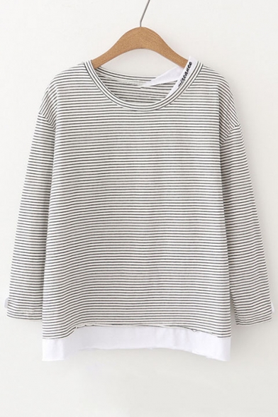 Contrast Hem Long Sleeve Round Neck Striped Casual T-Shirt