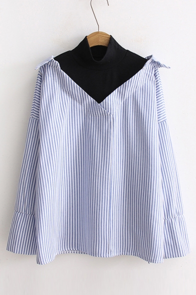 Fake Two-Piece High Neck Long Sleeve Striped Pattern Pullover Blouse
