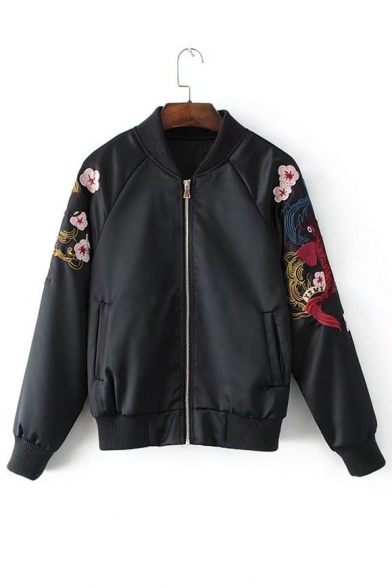 Fashion Floral Embroidered Stand-Up Collar Long Sleeve Zip Up Baseball Jacket