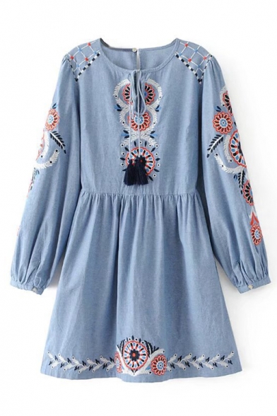 Fashion Floral Embroidery Round Neck Long Sleeve Mini A-Line Dress