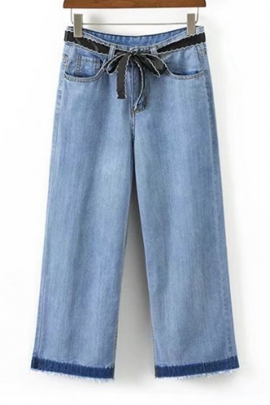 Fashion Fringe Hem Simple Plain Loose Wide Legs Jeans with Belt