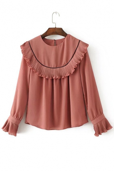 Fashion Stringy Selvedge Round Neck Long Sleeve Flared Cuff Plain Blouse