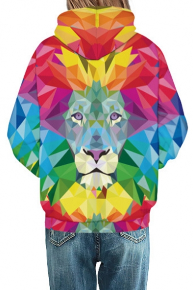 Geometric Lion Color Block Printed Long Sleeve Hoodie