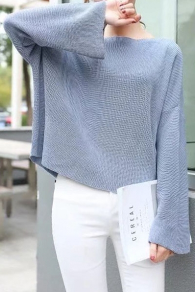 Loose Leisure Casual Boat Neck Long Sleeve Plain Pullover Sweater