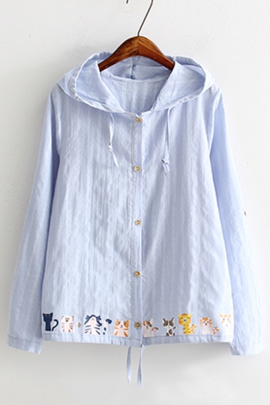 Lovely Cartoon Cat Printed Hem Hooded Long Sleeve Buttons Down Coat