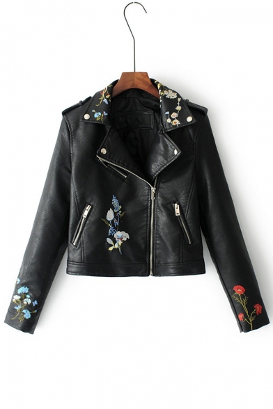 New Arrival Fashion Floral Embroidery Notched Lapel Collar Zip Up PU Biker Jacket