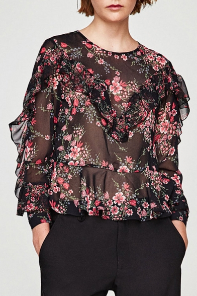 New Trendy Fashion Floral Printed Round Neck Long Sleeve Ruffle Hem Sheer Blouse