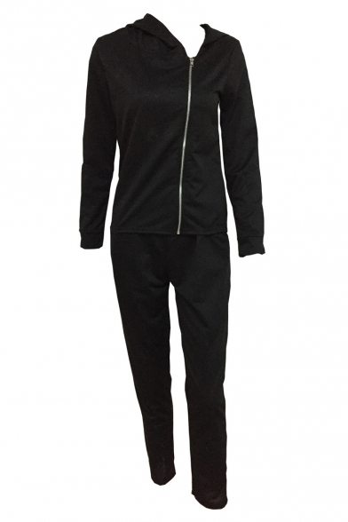 New Trendy Plain Hooded Long Sleeve Zip Up Coat with Loose Sports Pants