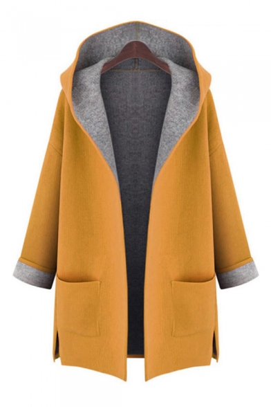 Oversize Casual Hooded Long Sleeve Fashion Color Block Coat with Double Pockets