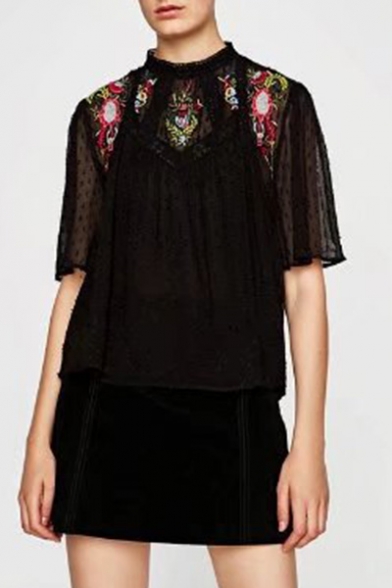 Round Neck Short Sleeve Chic Floral Embroidered Sexy Sheer Blouse