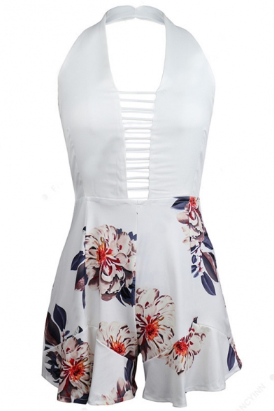 Sexy Halter Neck Sleeveless Holiday Beach Floral Printed Hollow Rompers