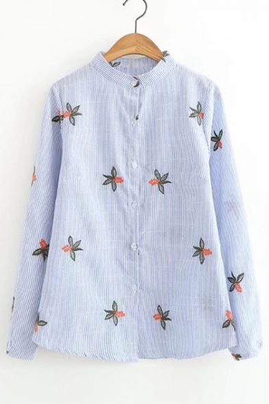 Stand-Up Collar Long Sleeve Embroidery Floral Pattern Striped Button Down Shirt