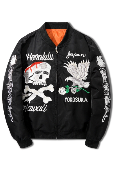 Street Style Fashion Letter Skull Eagle Embroidered Long Sleeve Zip Up Bomber Jacket
