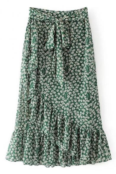 Summer's Floral Pattern Bow Tied Waist Chic Ruffle Hem Maxi Skirt