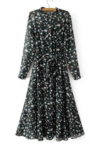 Summer's Floral Pattern Long Sleeve Buttons Down Midi A-Line Tea Dress with Slip Dress Inside