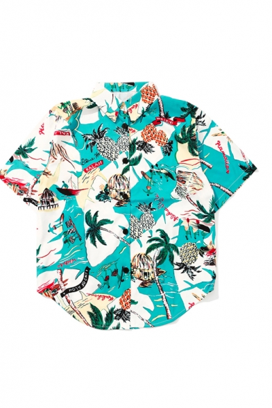 Summer's Holiday Coconut Palm Printed Lapel Collar Short Sleeve Buttons Down Shirt