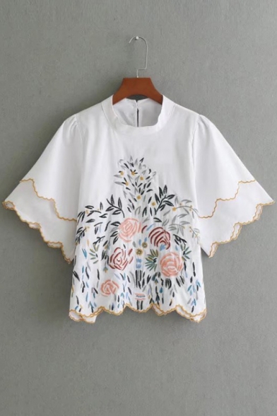 Wave Floral Embroidered Round Neck Short Sleeve Buttons Down Back Pullover Blouse