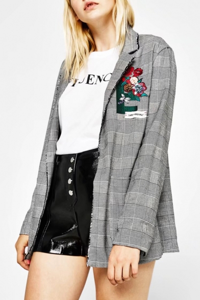 Women's Sequined Floral Embroidery Letter Notched Lapel Plaid Blazer