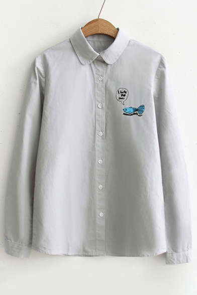 Basic Simple Cartoon Fish Embroidered Lapel Collar Long Sleeve Buttons Down Shirt