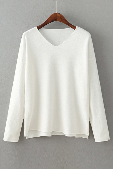 Casual Loose Basic Plain V Neck Long Sleeve Pullover Sweater
