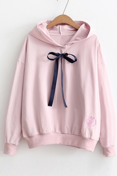 Chic Bow Tie Front Floral Embroidered Long Sleeve Casual Loose Hoodie