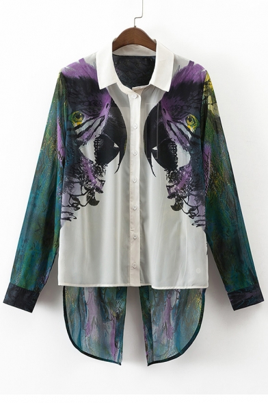 Color Block Parrot Printed Split Back High Low Hem Single Breasted Shirt