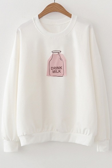 Cute DINK MILK Bottle Appliqued Pattern Long Sleeve Round Neck Pullover Sweatshirt