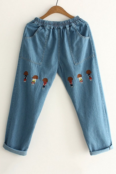 Fashion Embroidery Cartoon pattern Elastic Waist Jeans