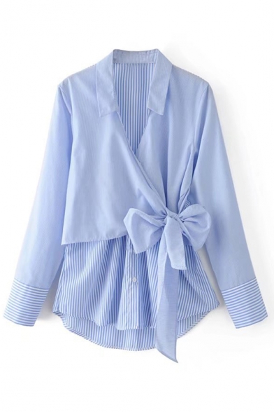 Fashion Fake Two-Piece Striped Pattern Bow Embellished Long Sleeve Blouse