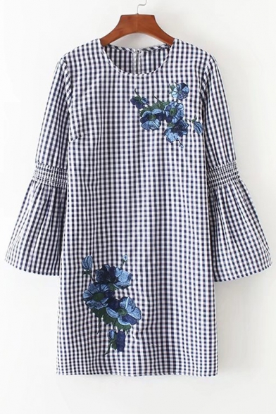 Fashion Flared Sleeve Round Neck Plaids Pattern Floral Embroidered Mini Shift Dress