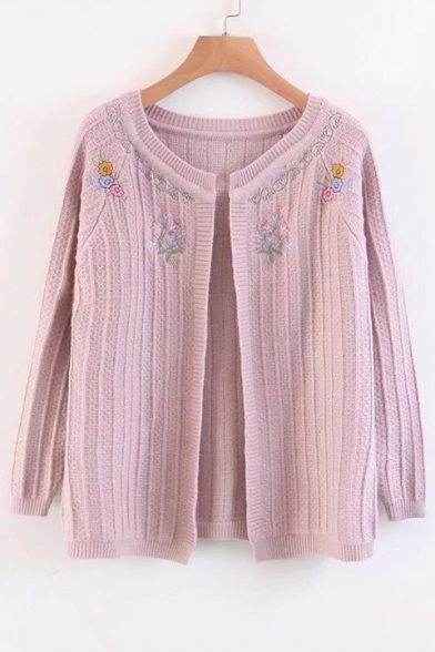 Fashion Floral Embroidered Round Neck Long Sleeve Comfort Cardigan