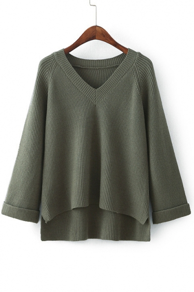 Fashion High Low Hem V Neck Long Sleeve Simple Plain Sweater