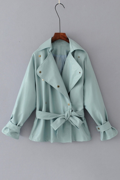 Fashion Notched Lapel Collar Long Sleeve Simple Plain Coat with Waistband