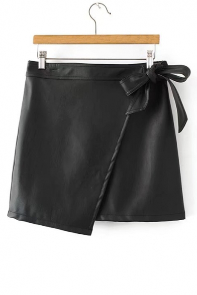 Fashion Women's Bow Detail Plain PU Asymmetric Skirt