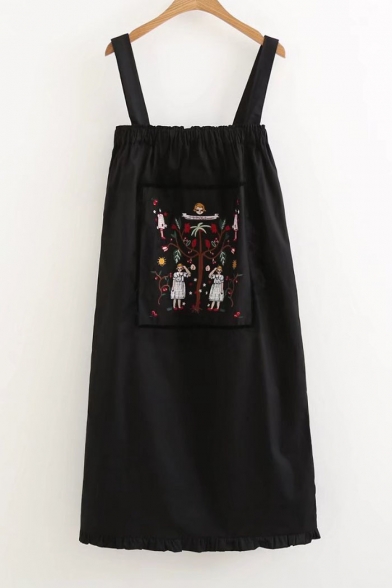 Fresh Embroidery Cartoon Girl Pattern Sleeveless Midi Overall Dress