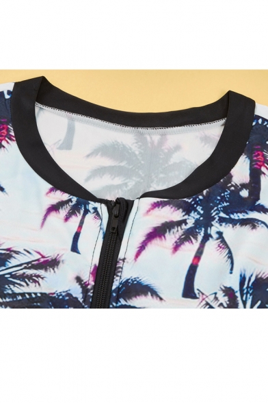 Holiday Beach Coconut Palm Printed Zip Up Short Sleeve One Piece Swimwear