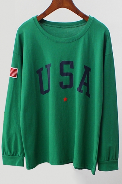 Letter USA Pattern Casual Loose Long Sleeve Round Neck Pullover Sweatshirt