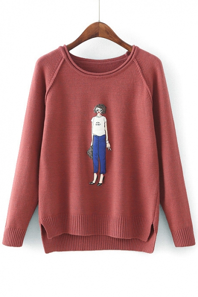 New Arrival Chic Cartoon Girl Printed Dipped Hem Round Neck Long Sleeve Sweater