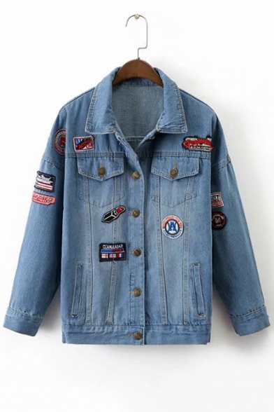 New Arrival Fashion Badge Patched Lapel Collar Long Sleeve Denim Jacket