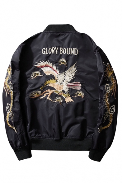 New Collection Fashion Dragon Bird Embroidered Long Sleeve Zip Up Baseball Jacket