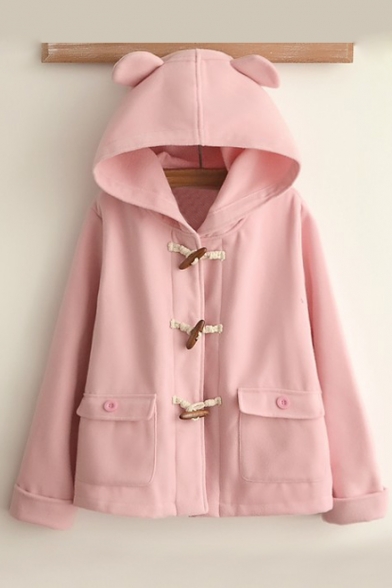 New Fashion Hooded Long Sleeve Buttons Down Simple Plain Coat with Double Pockets