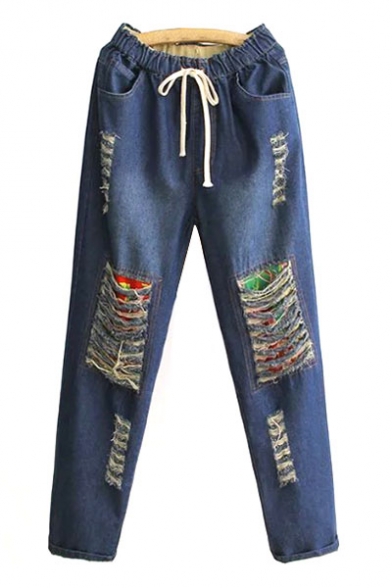 New Stylish Retro Ripped Elastic Drawstring Waist Loose Jeans